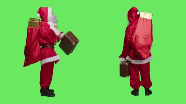 Saint Nick Bag Presents Briefcase Looking Transportation Deliver Gifts Kids — Stock Video