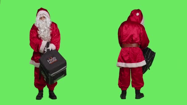 Deliveryman Red Santa Suit Carrying Backpack Pizza Box Paper Bag — Stock Video