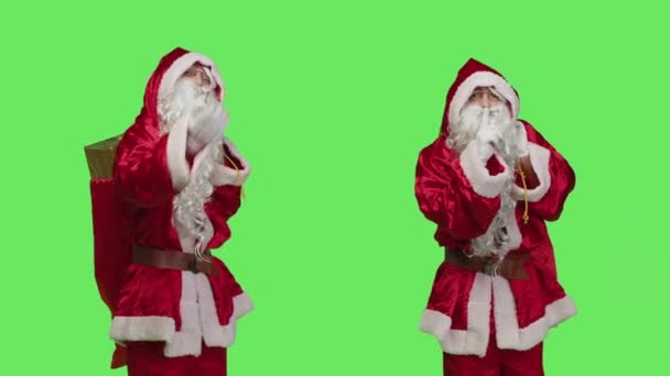 Father Christmas Shows Mute Symbol Espressing Privacy Silence Greenscreen Studio — Stock Video