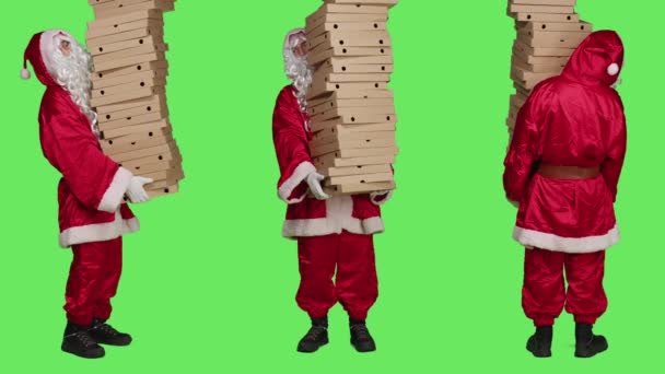 Saint Nick Holding Pizza Boxes Delivering Huge Pile Fast Food — Stock Video