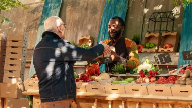 Son sınıf öğrencisi, yerel çiftçi pazarından organik taze ürünlerle dolu bir kutu alıyor, sağlıklı besleniyor. Erkek satıcı ev yapımı eko doğal meyve ve sebze veriyor. El kamerasıyla..