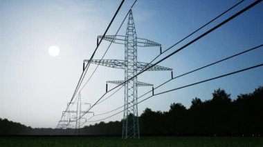 Elektrik dağıtımı için kullanılan elektrik şebekesine bağlı şebeke görüntüsü, gündüz-gece döngüsü zaman döngüsü. Endüstriyel enerji iletim kulesi, 3 boyutlu canlandırma