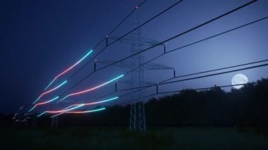 Gece gökyüzünde elektrik direği kablolarında hızla hareket eden enerjinin görüntüsü. Birbirine bağlı elektrik şebekesi şebekesi evlere elektrik dağıtıyor, 3D canlandırma