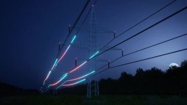 Elektrik iletimi ve dağıtımında kullanılan güç hatlarından akan enerjinin görselleştirilmesi. Çelik kule yüksek voltaj elektrik kabloları gece gökyüzü üzerinde, 3D canlandırma