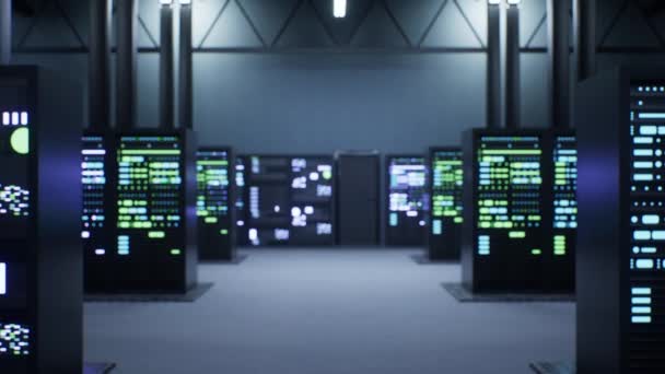 ネットワークリソースを制御するサーバーラックローのドリーショット 膨大な量のデータを処理して保存できる巨大なコンピューティングパワーを提供するハイテク施設 3Dレンダリングアニメーション — ストック動画