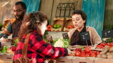 Gülümseyen tüketici çiftçi pazarından taze organik eko sebzeler alıyor, mutlu müşteri elinde doğal sebzelerle kutusunu tutuyor. Çeşitli çiftlik ürünleri alan kişi, gıda pazarı. El kamerasıyla..