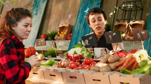 当地卖主快乐地将生物有机苹果卖给女客户 农民站在农产品柜台旁 向消费者展示新鲜的水果和蔬菜 健康的饮食 手持射击 — 图库照片