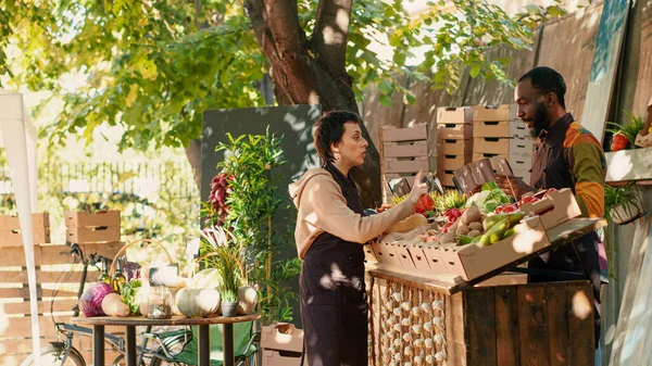 Zespół Różnorodnych Sprzedawców Daje Pudełko Naturalnych Owoców Warzyw Klientów Sprzedając — Zdjęcie stockowe