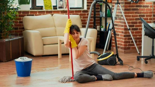 Exhausted Woman Sitting Living Room Floors Mop Bucket Feeling Satisfied — Stock Photo, Image