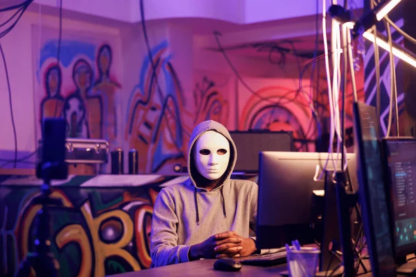Anonymous Hacker Streaming Threat Message While Doing Illegal Activities Computer — Stock Photo, Image