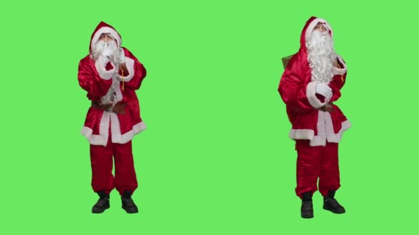 Saint Nick Cosplay Does Hush Gesture Keep Secret Maintain Privacy — Stock Video
