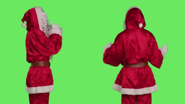 Saint Nick Shows Thumbs Symbol While Wears Festive Costume White — Stock Video