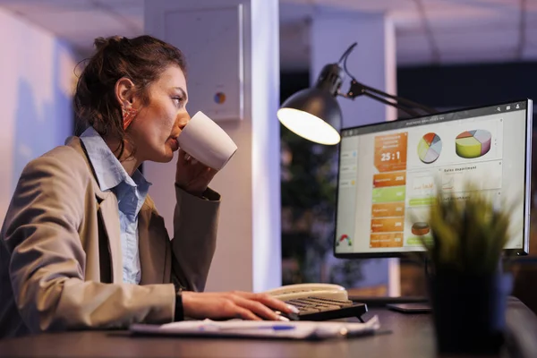 执行经理坐在桌子旁喝咖啡 一边分析销售图表 一边在电脑上输入公司的创业信息 女商人深夜在初创公司工作 公司概念 — 图库照片