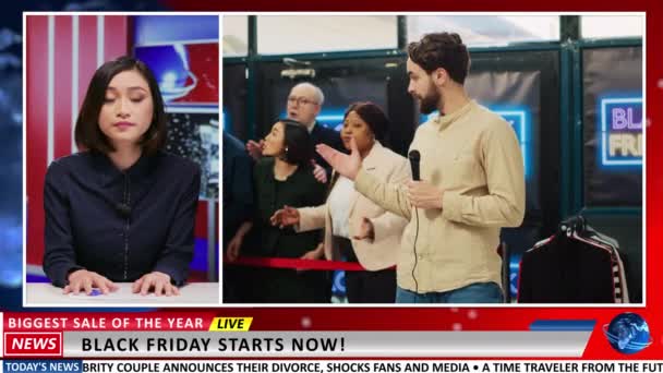 Media Presenter Talks Crazy People Shopping Blank Friday Footage Sales — Stock Video