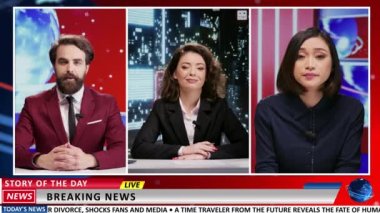 Uzman sunucular ve konuklar gerçek dünya sorunlarını tartışmak için canlı yayına çıkacak, uluslararası televizyon programının son konuları hakkında konuşacaklar. TV bağlantısında çeşitli insanlar toplanıyor.