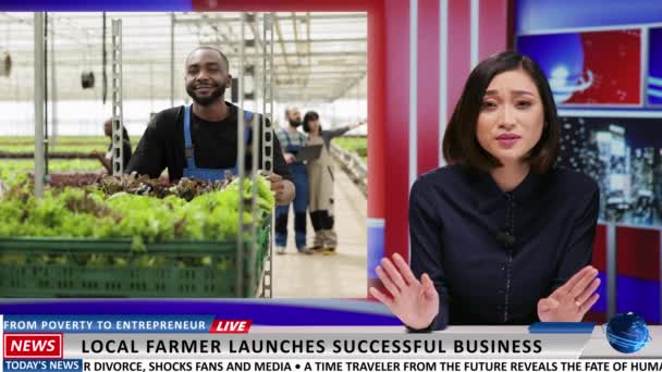 Mediensender Präsentiert Neues Landwirtschaftliches Geschäft Und Erzählt Von Bauern Die — Stockvideo