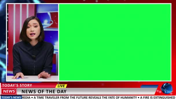 Broadcaster Does Report Greenscreen Live Television Show Presenting Breaking News — Stock Video