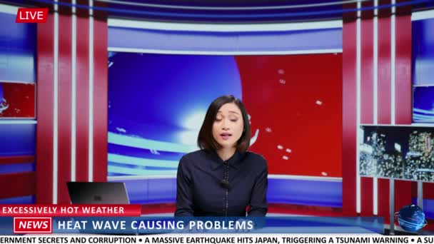 Asian Presenter Discuss Heat Wave Dangers Weather Issues Worldwide Presenting — Stock Video