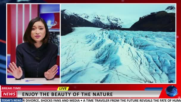 Apresentador Asiático Mostra Belas Paisagens Anunciando Geleiras Icelândicas Naturais Nova — Vídeo de Stock