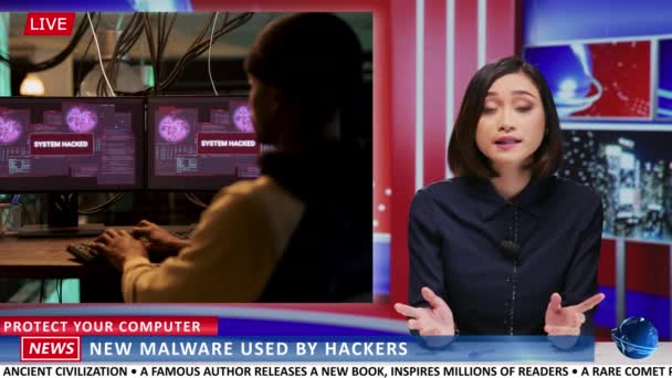 Aziatische Presentator Bespreekt Malware Aanval Het Gevaar Van Het Hacken — Stockvideo