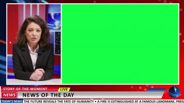 Reporter Präsentiert Nachrichten Auf Greenscreen Displays Und Deckt Tagesthemen Während — Stockvideo