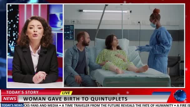 记者报导关于奇迹分娩的新闻 报导关于分娩和分娩的新闻 在直播电视节目中谈论怀孕痛苦的广播员 — 图库视频影像