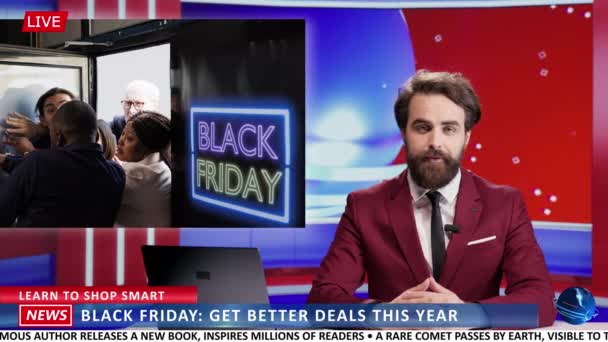 News Anchor Covering Start Sales Event Stores Advertising Black Friday — Stock Video