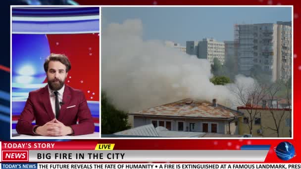 도시에서 화재의 미디어 작업에 뉴스를 소방관에 대화는 불타는 불꽃을 — 비디오