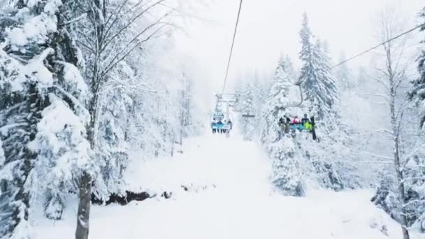 Pamporovo Bulgaria Enero 2023 Esquiadores Montando Telesilla Para Llegar Cima — Vídeos de Stock