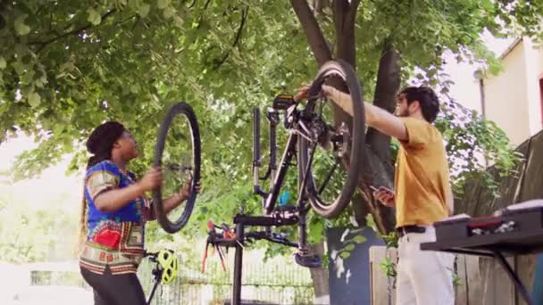 彼らの庭のエネルギーの多民族カップルは プロの機器で自転車のコンポーネントを修理しています 固定後のモダンな自転車にホイールを慎重に取り付ける2人のスポーツ愛好者 — ストック動画