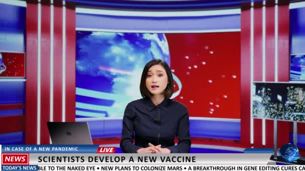 Novinář Přináší Novinky Zdravotnictví Zavádí Novou Vakcinační Formuli Která Pomoci — Stock video