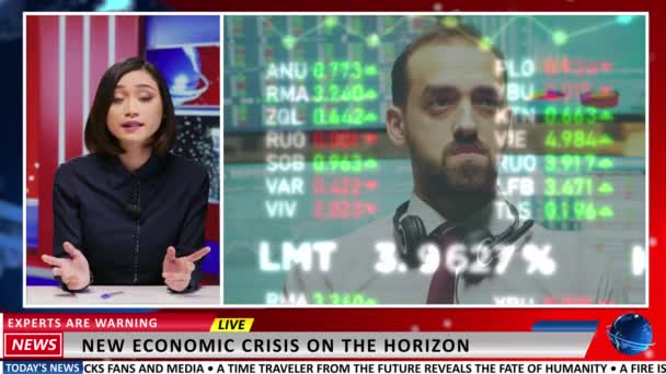 新闻主播警告说 新的经济危机正在显现 股票市场价格下跌 人们在赔钱 关于金融交易所灾难的最新消息 国际电视新闻头条 — 图库视频影像