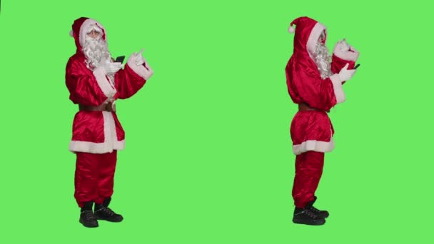 Santa Talks Phone Call Studio Using Smartphone Line Have Remote — Stock Video