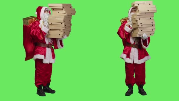 Saint Nick Bag Pizza Boxes Pile Working Deliveryman Dressed Santa — Stock Video