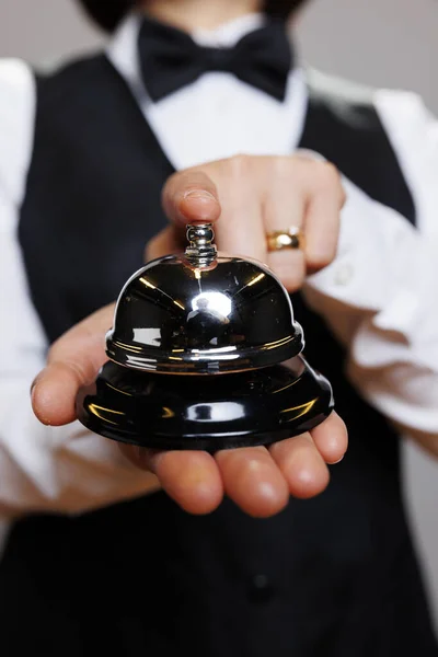 Catering Service Waitress Ringing Bell Finger Closeup Calling Restaurant Staff — Stock Photo, Image