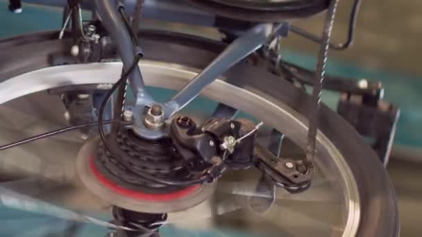 비디오 스포츠 야드에서 자전거 요소를 여가를위한 손상된 자전거를 철저히 검사하고 — 비디오