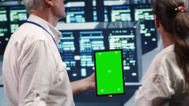 Capable Servicemen Looking High Tech Data Center Using Mockup Laptop — Stock Video