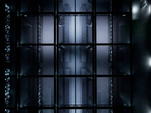 现代服务器机房具有机架和安全信息云计算的概念 拥有大数据硬件和全球It基础设施的超级计算机数据中心 3D渲染动画 — 图库照片