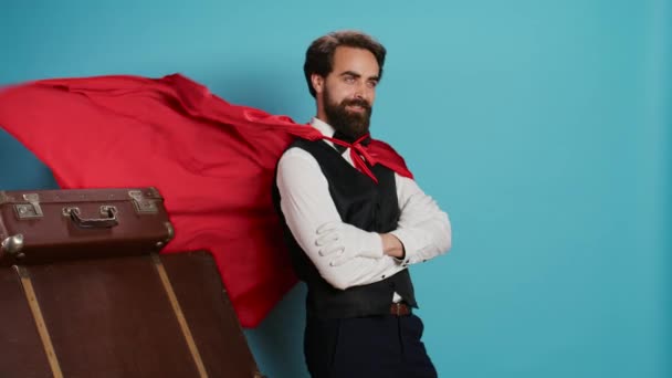 Hotel Worker Red Mantle Help Guests Trolley Bags Pretending Fantasy — Stock Video