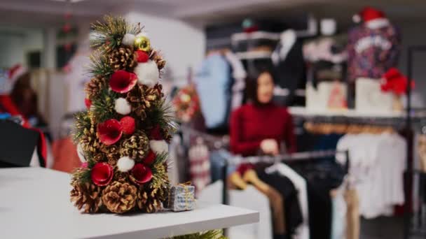 Noel Süslemeleri Mağazasındaki Gülümseyen Müşteriler Tatil Sezonu Tanıtım Satışları Sırasında — Stok video