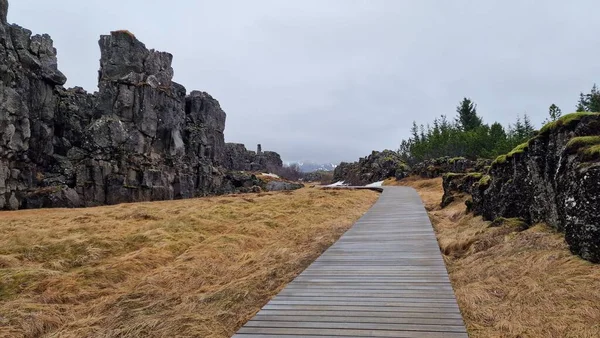 北極圏のロッキーな山脈 壮大な風景とアイスランドの巨大な崖が付いているもの アイスランドの渓谷に歩道のある丘を作る岩の形成 — ストック写真