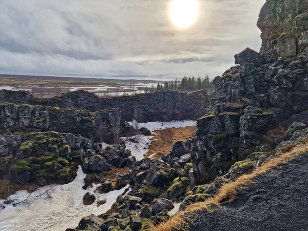 スティーブヴェーレ国立公園に巨大な岩を持つ急な川渓谷 イスラエルで傑出した動植物と動植物の家 大規模な山の壁 荒野の景色を形成する美しいアイスランドの岩の崖 — ストック写真