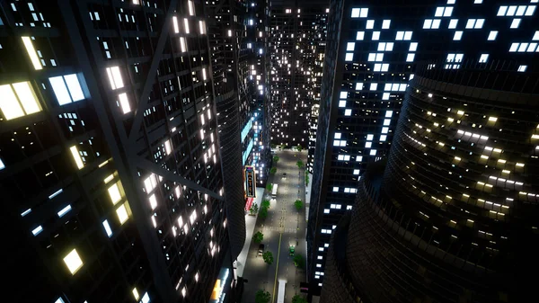 Moderna Skyskrapor Med Blinkande Ljus Natten Futuristisk Stad Med Centrala — Stockfoto