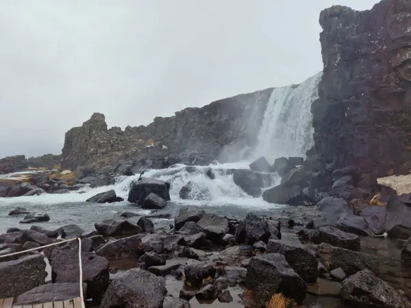 岩の頂上近くのアイスランドのカスケードは 斜面や野生生物に囲まれた水の流れがあります 有名なアイスランドの風景 アイスランドの自然に滝を形成する巨大な川流 — ストック写真