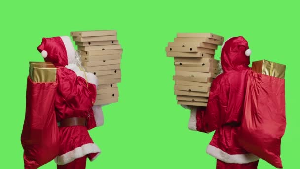 Personaje Entregando Cajas Pizza Estudio Pie Sobre Pantalla Verde Con — Vídeos de Stock
