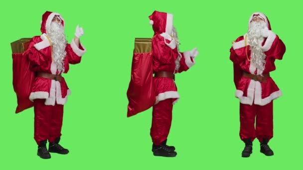 Father Christmas Gives Thumbs Studio Feeling Cheerful Showing Approval Agreement — Stock Video
