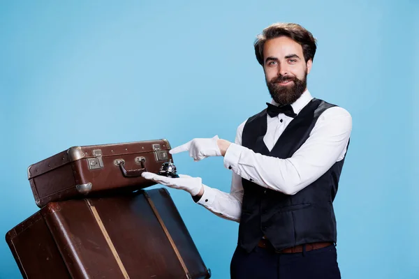 Hotel Porter Shows Service Bell Creating Hotel Concierge Hospitality Concept — Stock Photo, Image