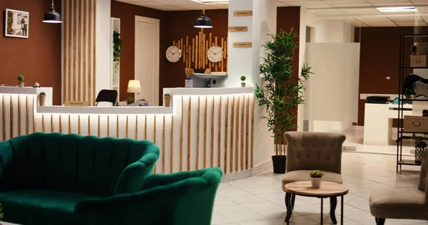 Brett Vinkel Skott Resor Boende Hotell Lounge Med Incheckning Receptionen — Stockfoto