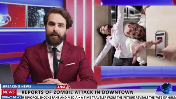Berättar Zombieattacken Newscaster Journalist Presenterar Skrämmande Information Farliga Virus Sprids — Stockvideo