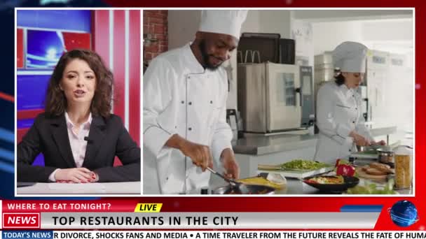 Woman Advertises Fine Dining Places City News Anchor Giving Information — Stock Video